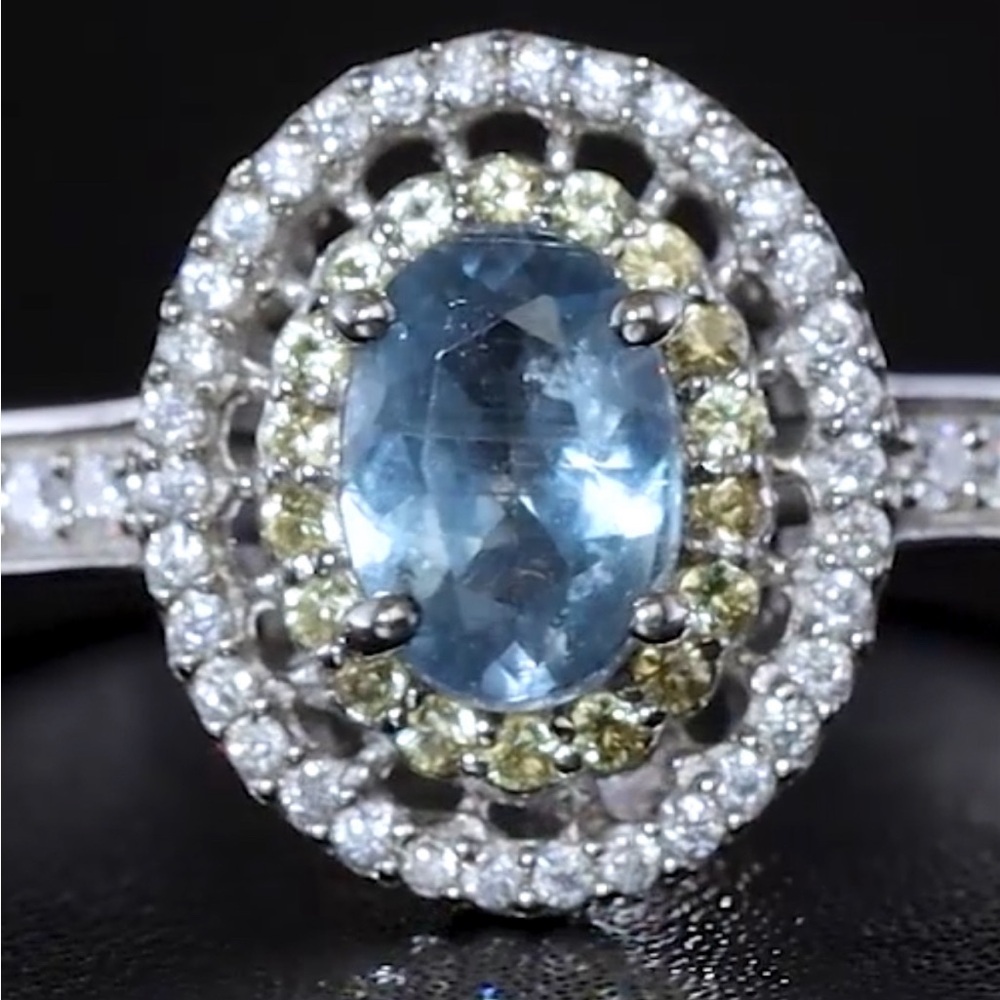 Aqua Kyanite, Moissanite & Yellow Sapphire Double Halo Ring Sterling Silver Ring